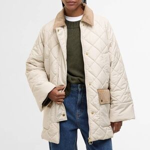 Barbour Cream Quilted Puffer Jacket with Tan Corduroy Collar